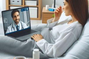 doctor conducting a telemedicine appointment with a person sick in bed - Generated with AI