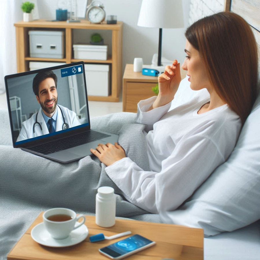 doctor conducting a telemedicine appointment with a person sick in bed - Generated with AI