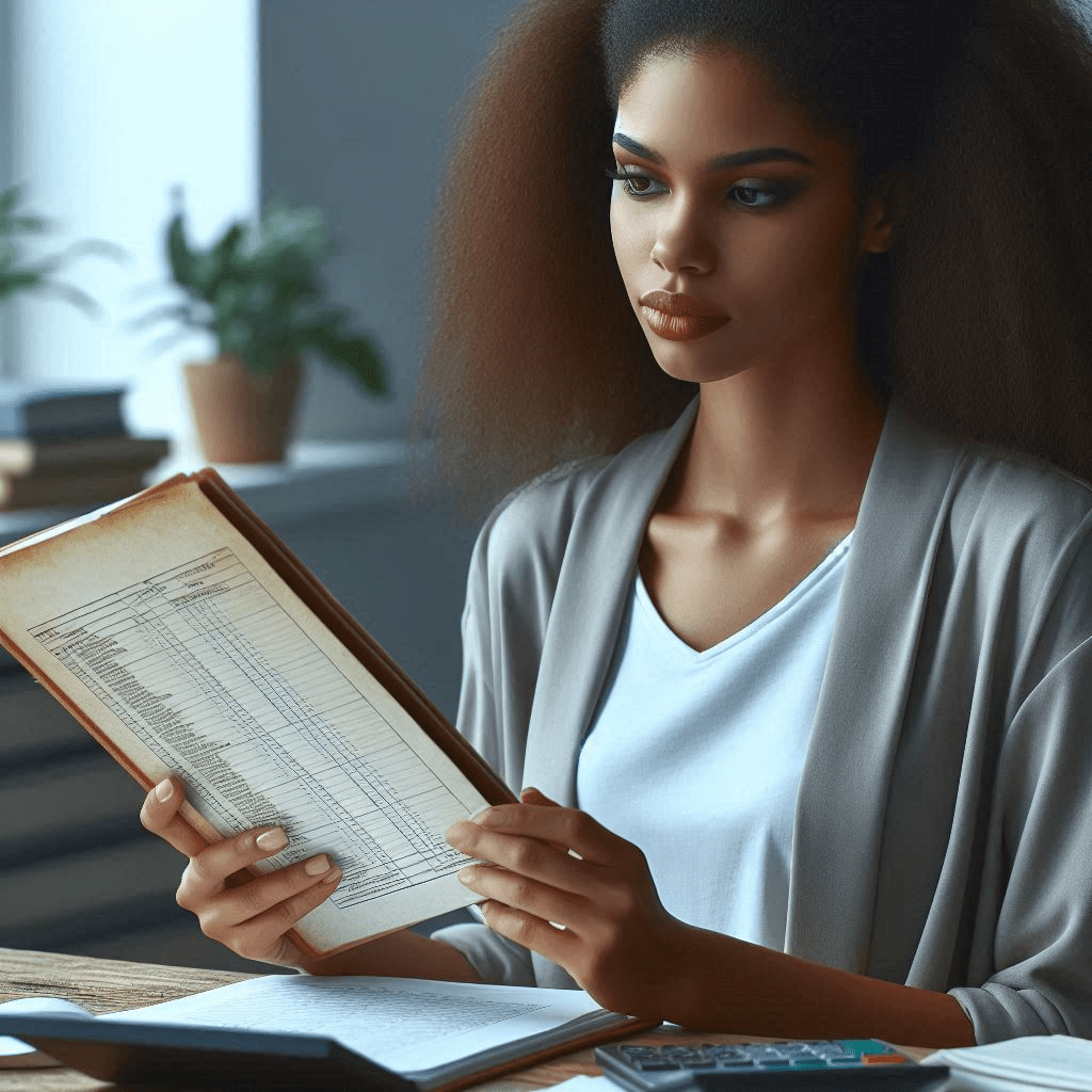 photo-realistic female accountant looking at a payroll ledger - Generated with AI