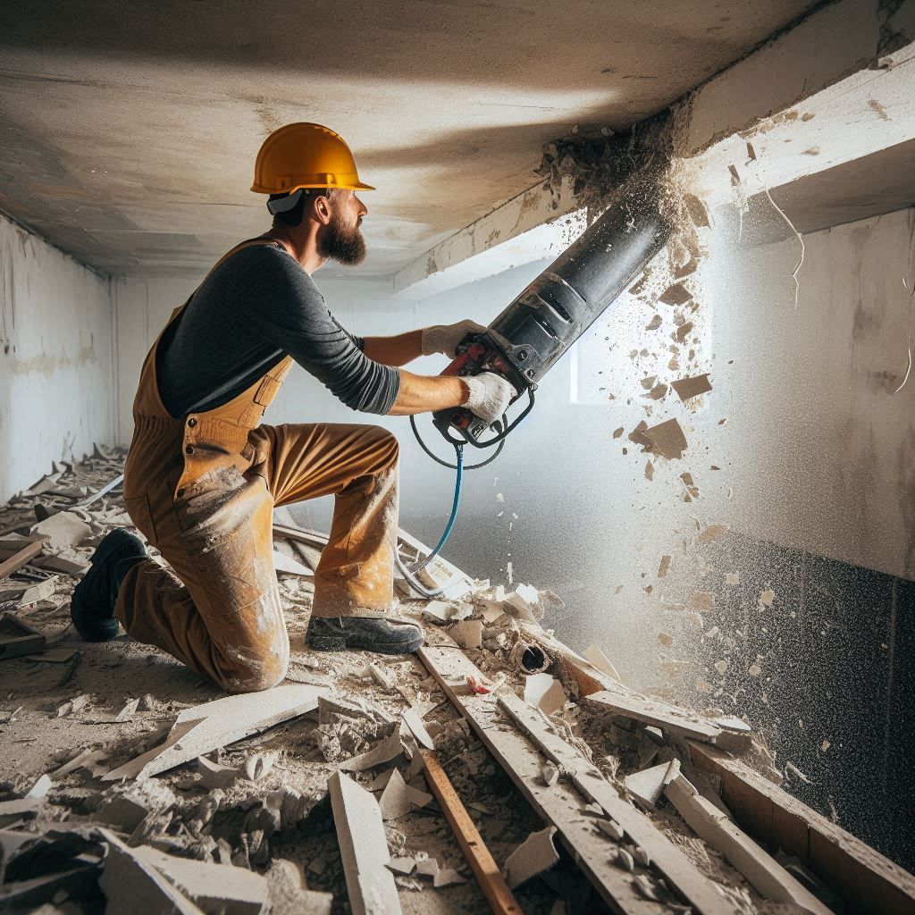 construction worker tearing down an asbestos ceiling - Generated with AI