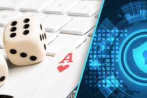 dice on keyboard, playing cards, and security