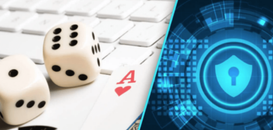 dice on keyboard, playing cards, and security