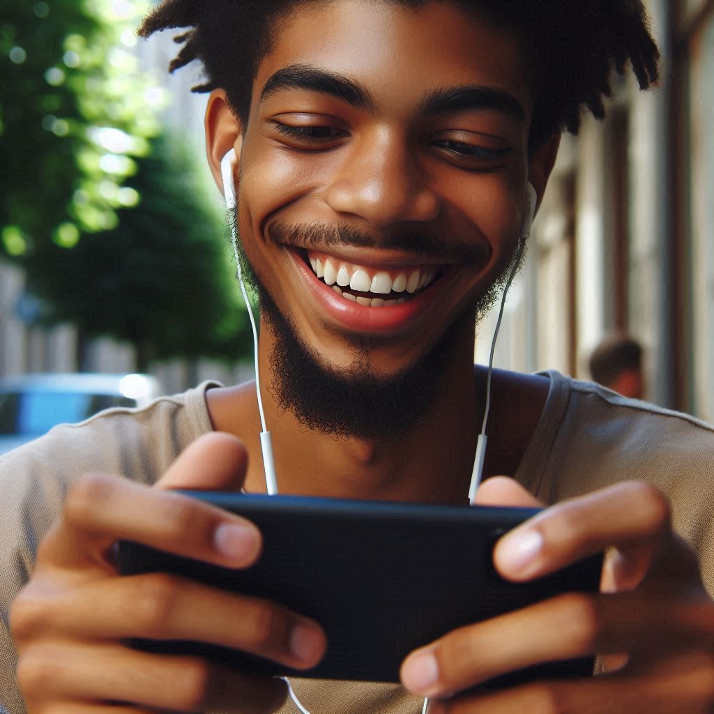 man happily playing a game on his smartphone - Generated with AI