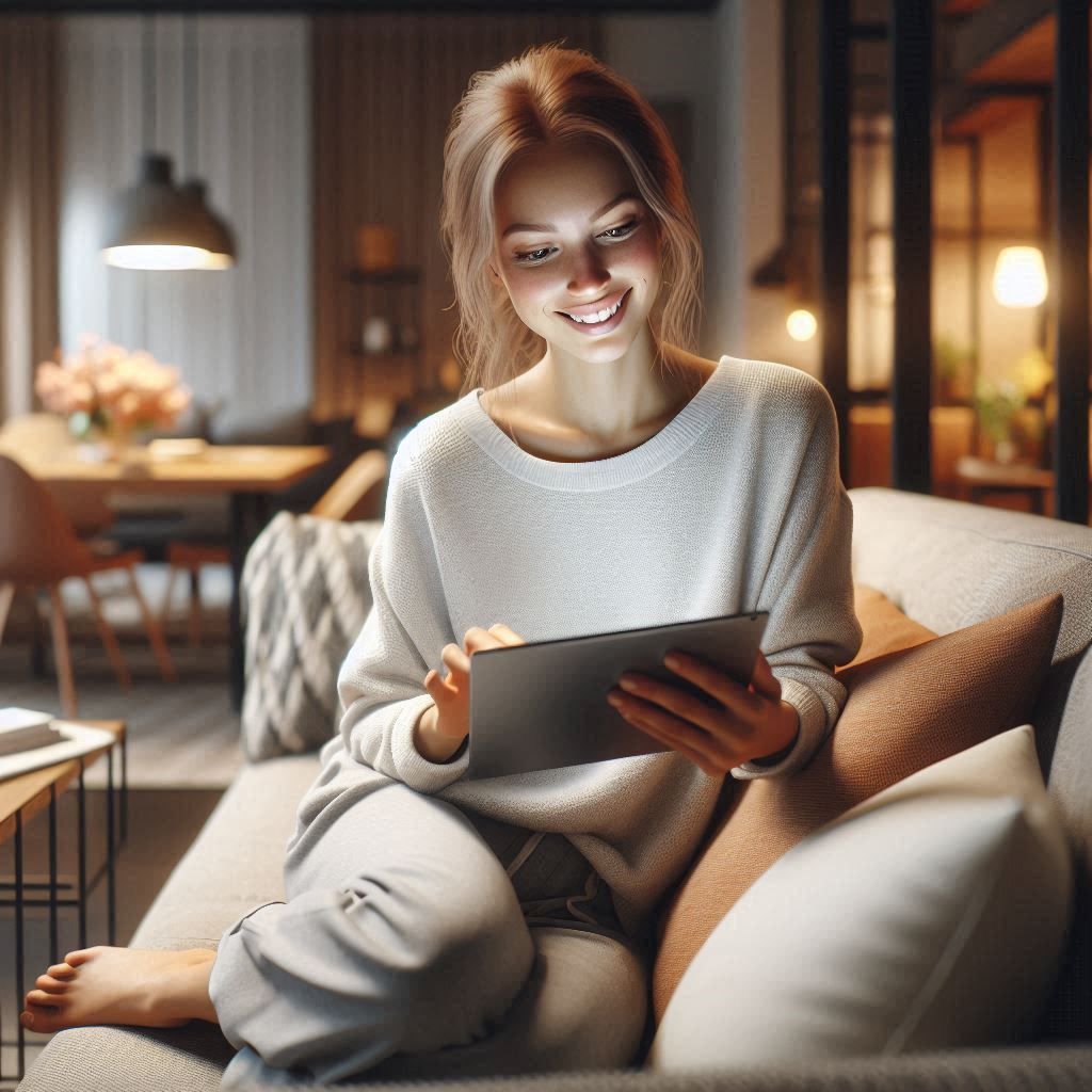 photorealistic image of woman smiling looking at her tablet - Generated with AI