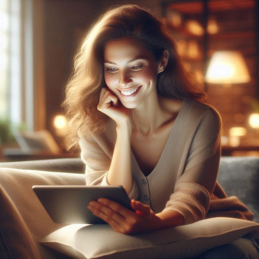 photorealistic image of woman smiling looking at her tablet - Generated with AI