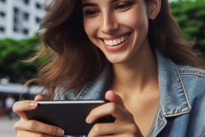 woman happily playing a game on her smartphone - Generated with AI