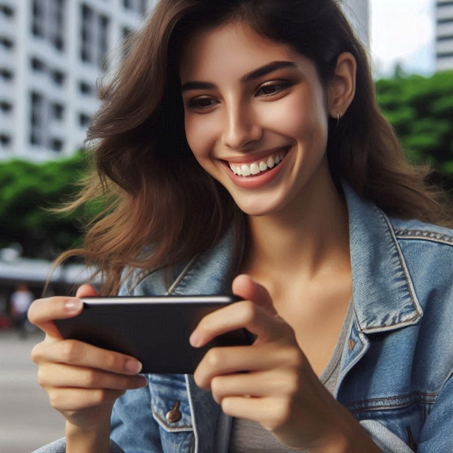 woman happily playing a game on her smartphone - Generated with AI