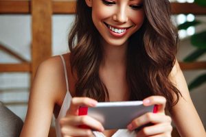 woman in her 20s smiling as she plays games on her smartphone - Generated with AI