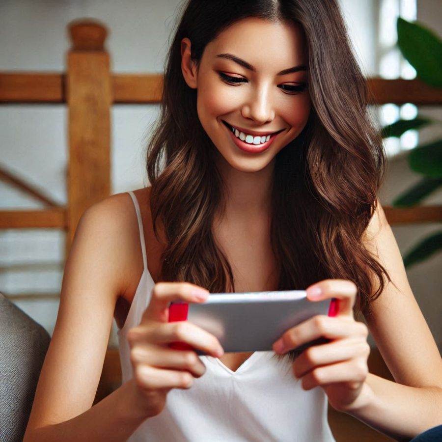 woman in her 20s smiling as she plays games on her smartphone - Generated with AI