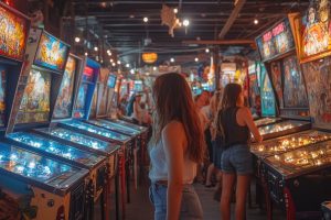 Woman exploring a vibrant arcade filled with vintage pinball machines.