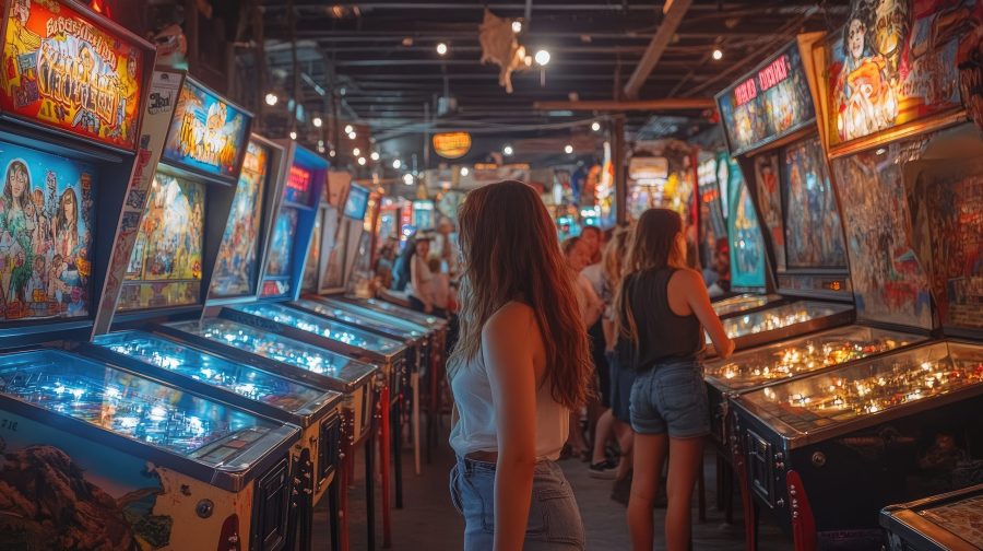 Woman exploring a vibrant arcade filled with vintage pinball machines.