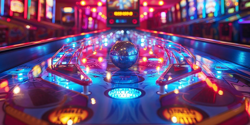 Vibrant Retro Pinball Machine in Neon-lit Arcade