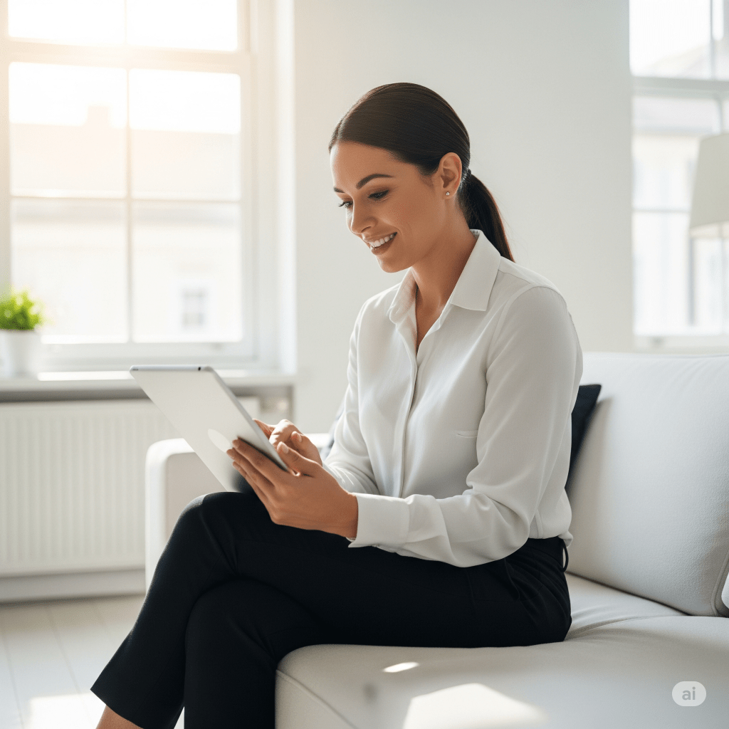 woman playing on her tablet sitting on a white sofa - Generated with AI