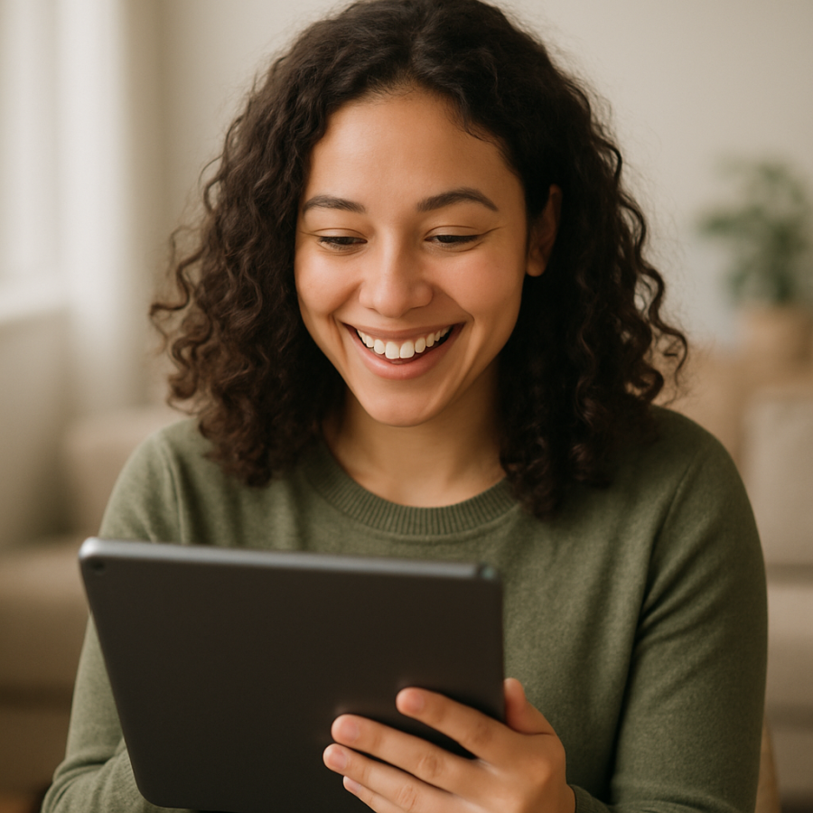 Smiling woman looking at her tablet - Generated with AI
