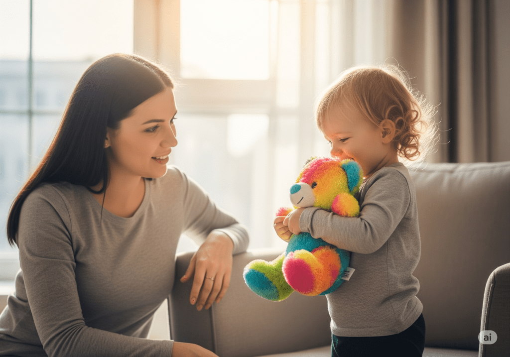 young mother and her toddler who's holding a colorful stuffed bear - Generated with AI
