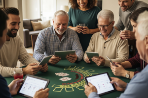 A group of people playing blackjack on their devices with spectators behind them - Generated with AI