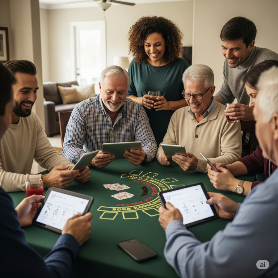 A group of people playing blackjack on their devices with spectators behind them - Generated with AI