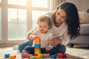 young mother with toddler playing with blocks - generated with AI