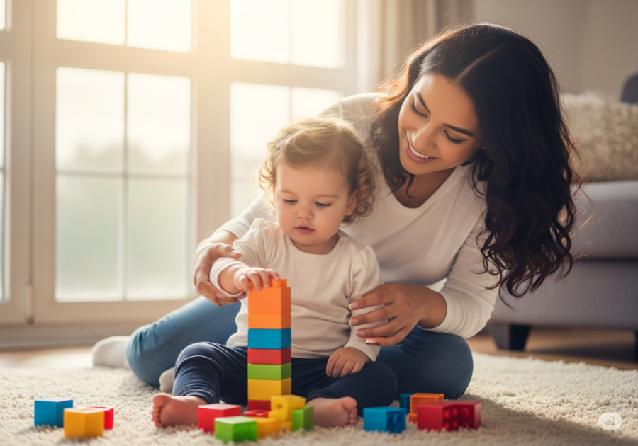 young mother with toddler playing with blocks - generated with AI