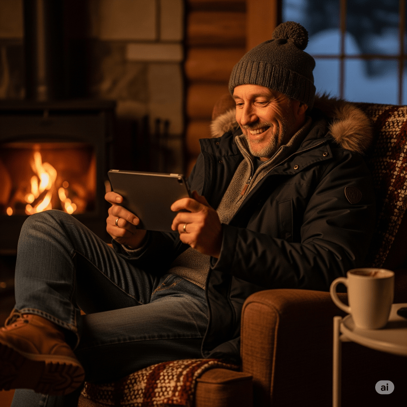 man in a winter cabin enjoying his tablet - Generated with AI