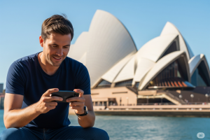 man in front of Sydney Opera House enjoying a game on his smartphone - Generated with AI