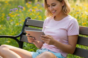 woman enjoying her tablet in a Canadian park - Generated with AI