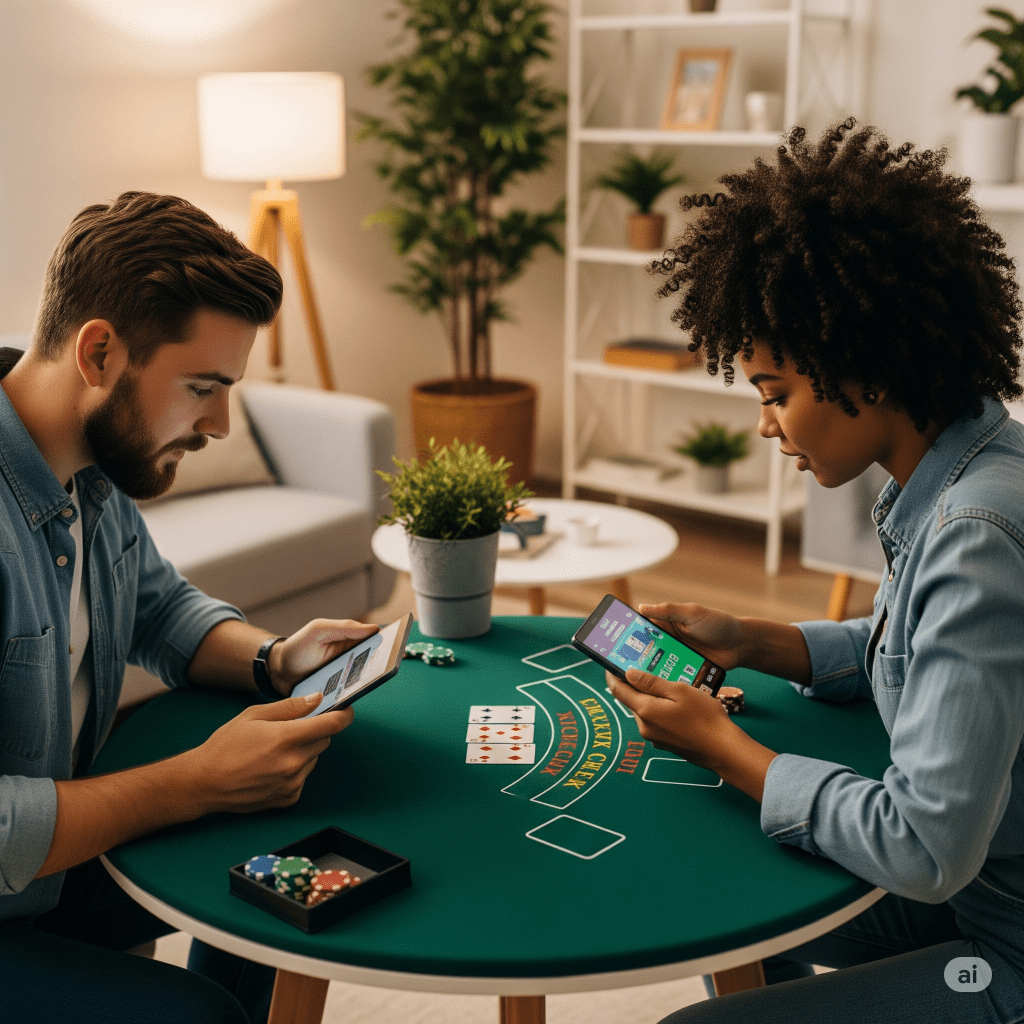 two people playing blackjack on their smartphones - Generated with AI