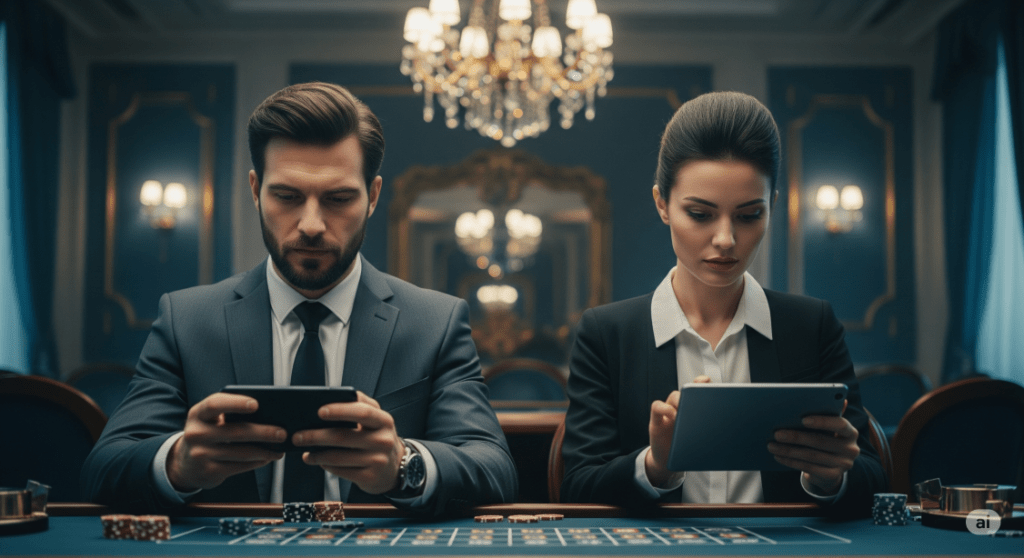 sophisticated man and woman gambling on their tablets in a casino - Generated with AI
