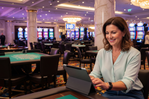 Woman enjoying her tablet in an Australian casino - Generated with AI