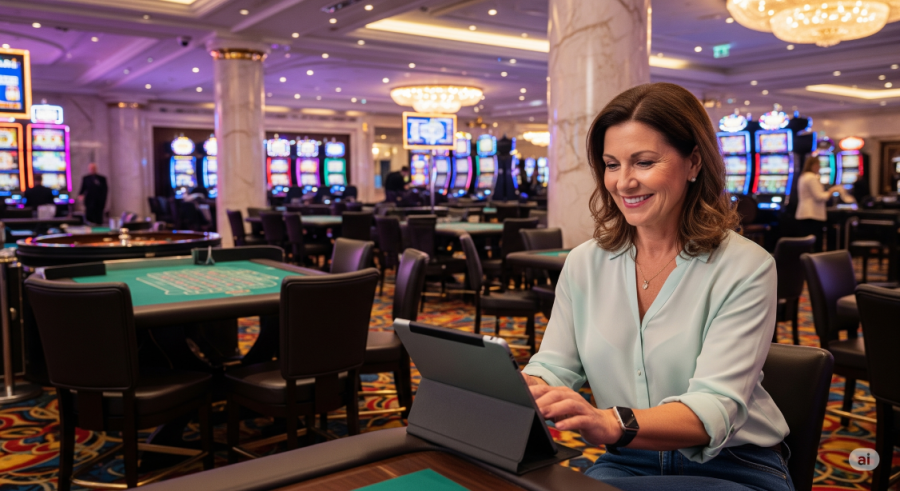 Woman enjoying her tablet in an Australian casino - Generated with AI