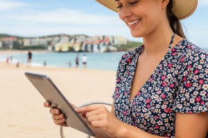 a woman in australia gambling on their tablet - Generated with AI