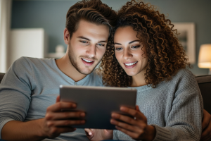 couple enjoying watching something on a tablet - Generated with AI
