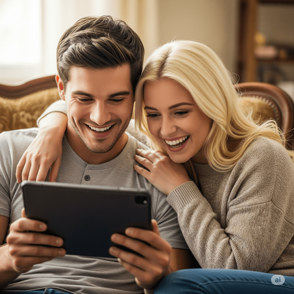 couple enjoying watching something on a tablet - Generated with AI