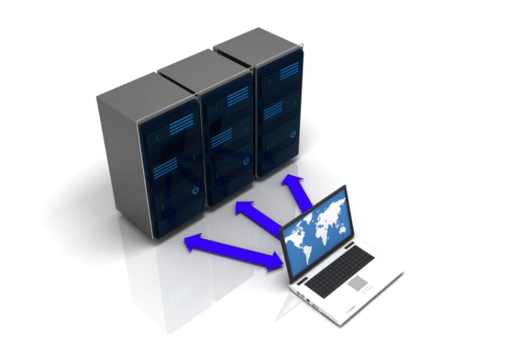 laptop communicating with network servers concept