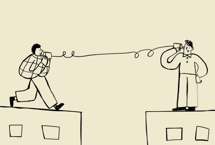 line drawing of two people communicating via wired tin cans