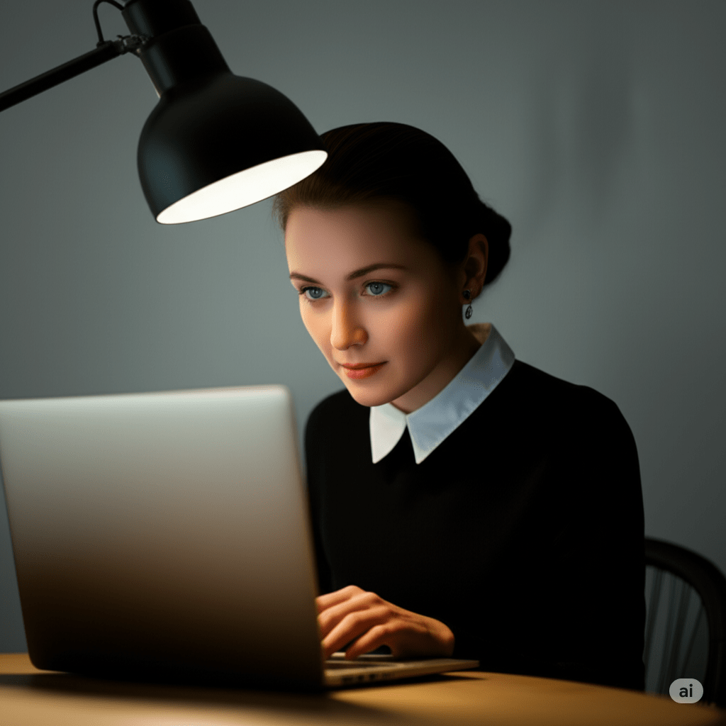 mysterious woman looking at a laptop - Generated with AI