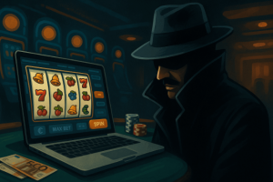 mysterious figure looking at a laptop with a casino game