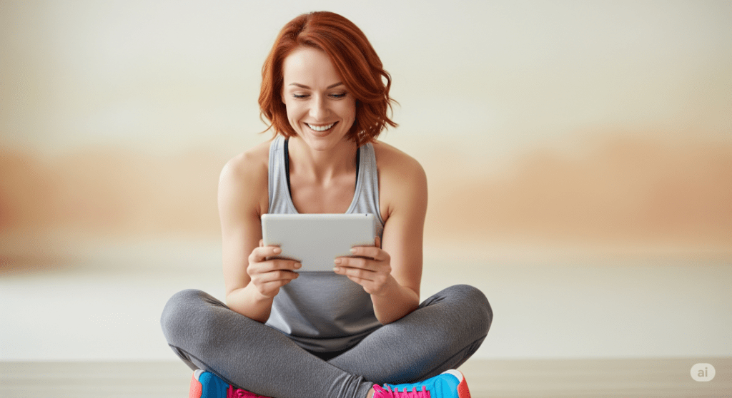 red-haired woman enjoying her tablet - Generated with AI