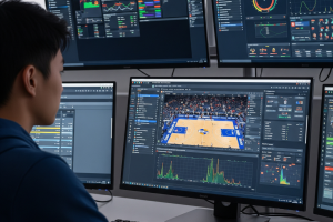 sports analytics in action with a man in front of computer screens - Generated with AI