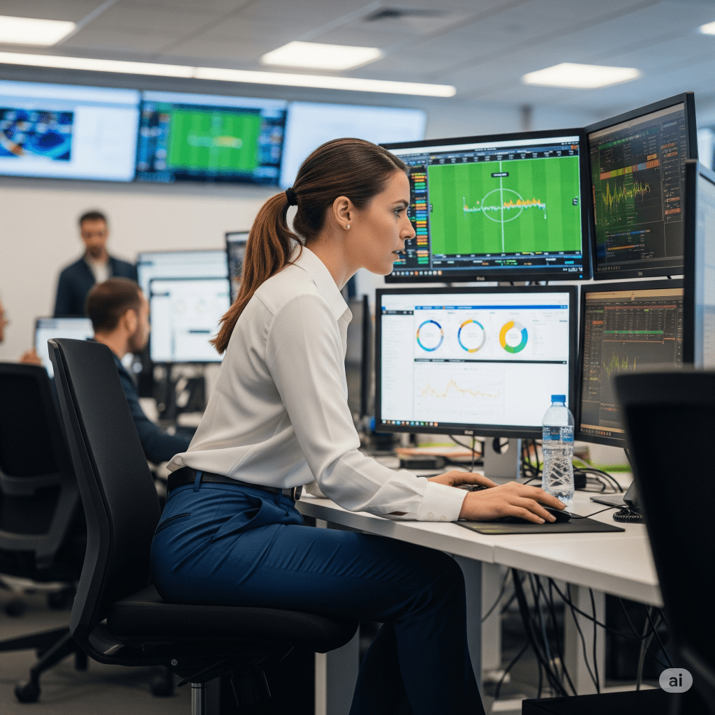 sports analytics in action with a woman in front of computer screens - Generated with AI