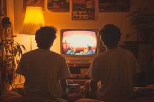 two guys playing a video game on a CRT - Generated with AI