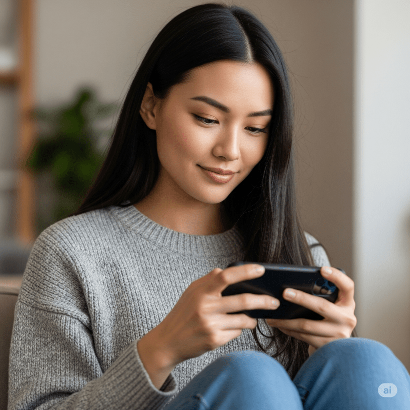 woman enjoying a puzzle game on her smartphone - Generated with AI