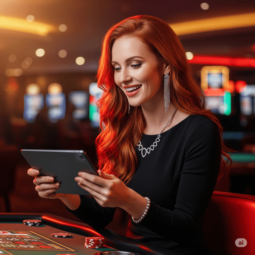 woman holding tablet in casino - Generated with AI