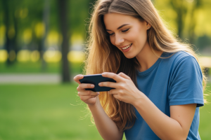 woman playing a game on her smartphone - Generated with AI