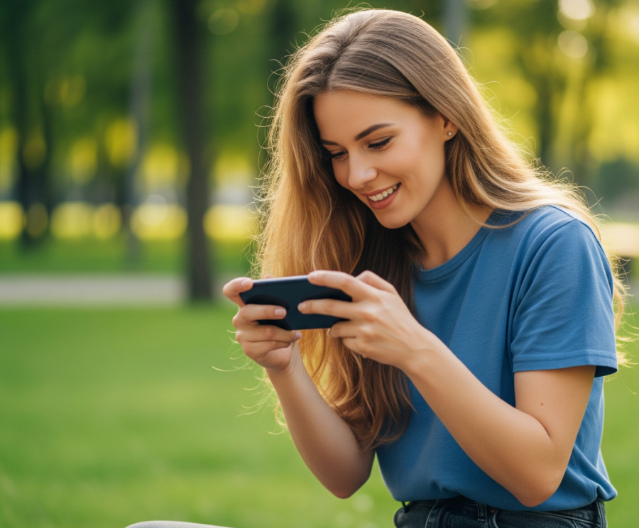 woman playing a game on her smartphone - Generated with AI
