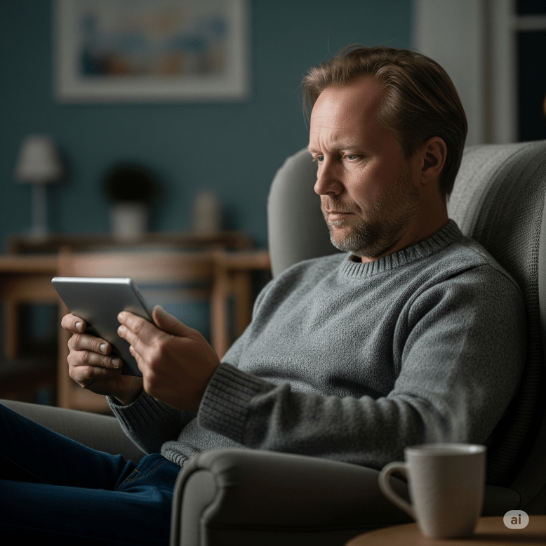 Finnish man playing slots on his tablet - Generated with AI