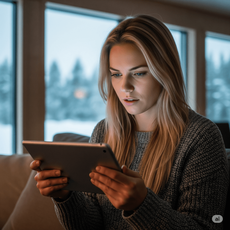 Finnish woman playing slots on her tablet - Generated with AI