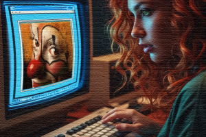 a stylized red haired woman using a computer running what looks like Amiga Forever 11