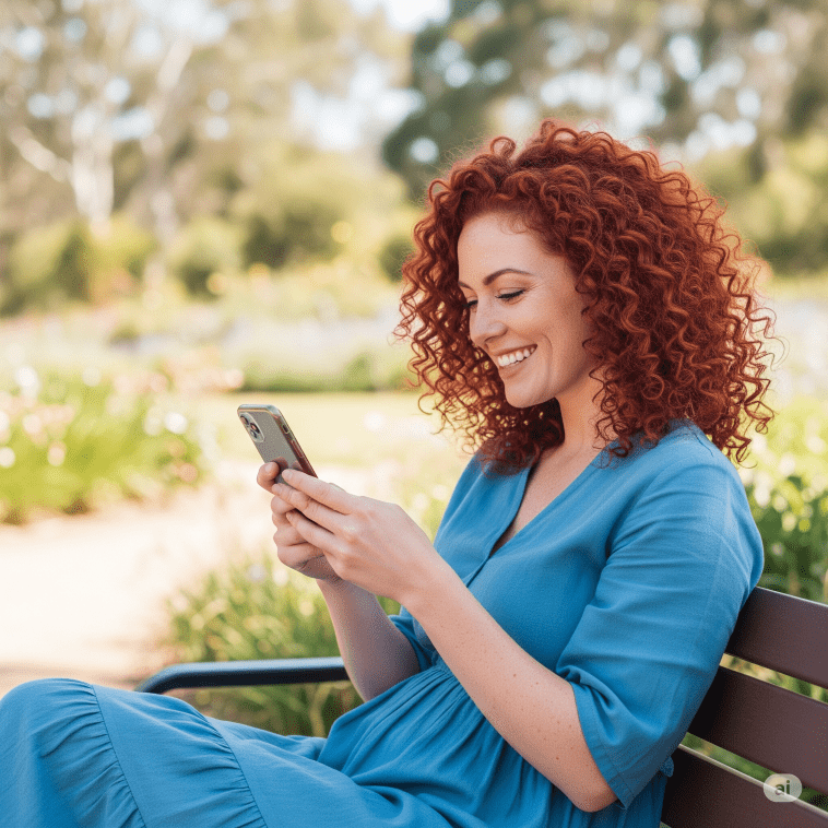 australian woman enjoying her smartphone - Generated with AI