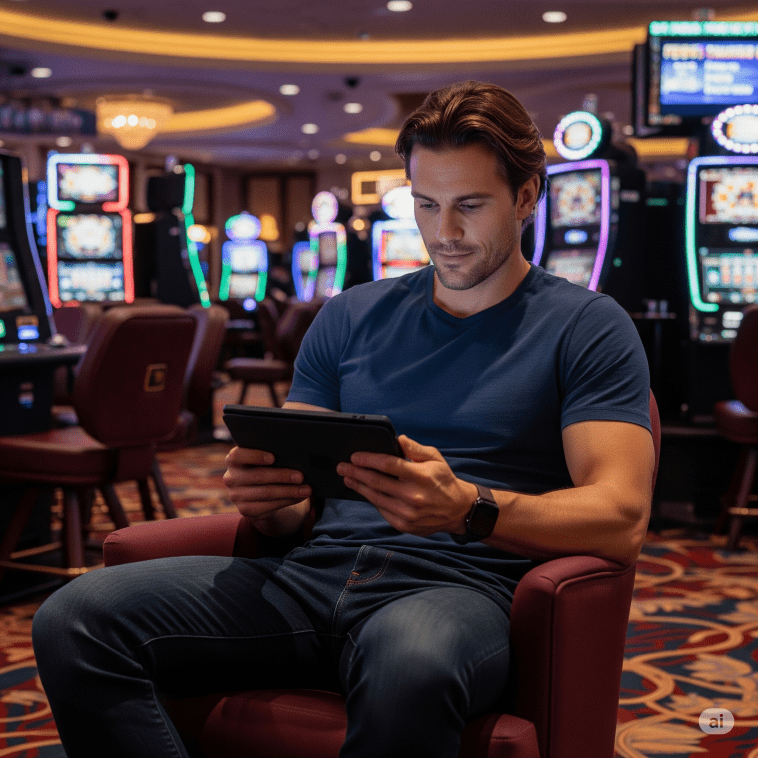 black-haired man on his tablet in a casino - Generated with AI